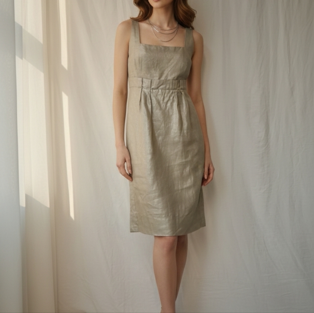 Kenneth Cole Reaction Shimmering Silver Metalic Obobe Knee  Midi Dress Sz 6 - Picture 2 of 16